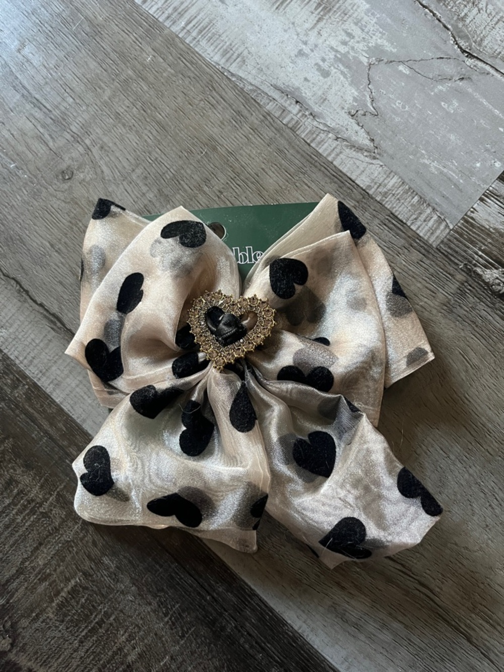 wild fable Cream Bow Hair Clip with Black Heart Print and Gold Heart Center